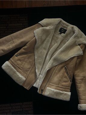 New Look Tan Faux Shearling Biker Jacket with Cream Lining
